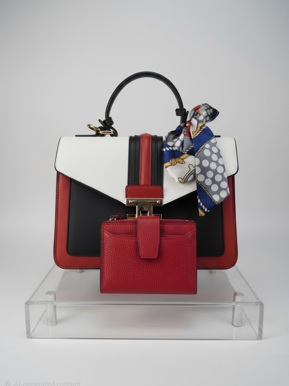 Structured Color Block Top-Handle Bag with Red Wallet